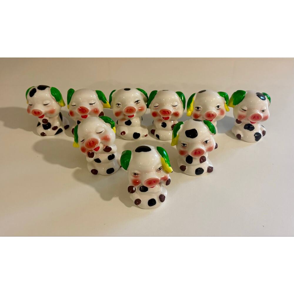 Set of 9 Vintage Ceramic Spotted Pig Figurines with Green Ears